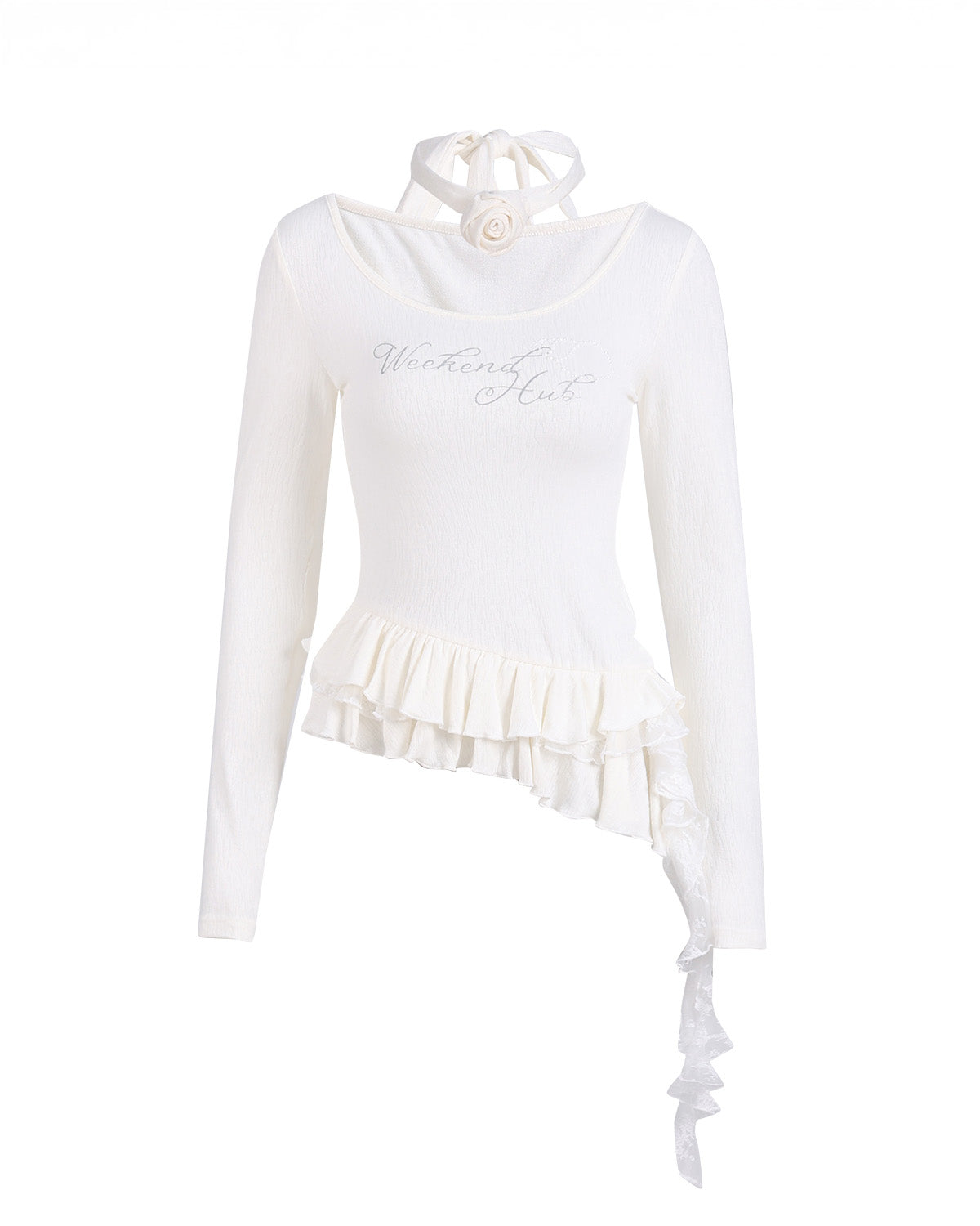 weekendhub イレギュラーフリル裾美しい女性用トップス韓国初秋シングルウェアストラップ付きTシャツロングスリーブ NOCTONE