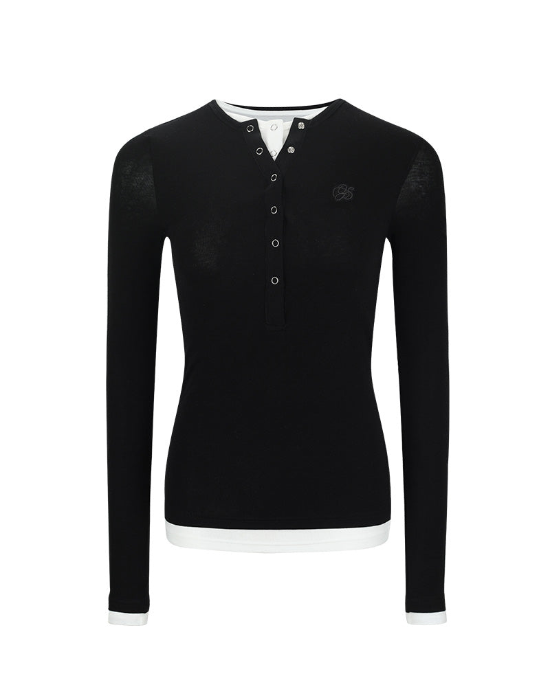 OFFSOUL ヨーロピアン&アメリカンホットガールズスリムフィット&スリムフェイクツーピースエンブロイダリートップス秋/冬用厚手ヘンリーネック長袖Tシャツ女性用 NOCTONE