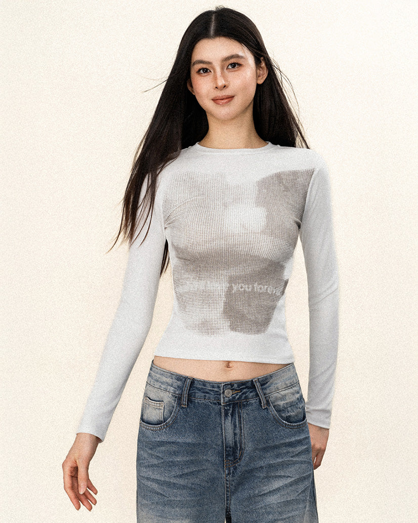 OFFSOULオリジナルアメリカンレトロ Y2K ホットティースマッジドスリムロングスリーブ T シャツレディースラウンドネックレタープリントトップ NOCTONE