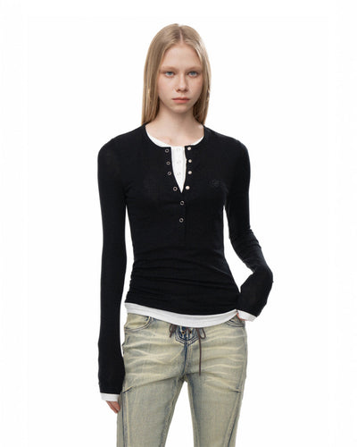 OFFSOUL ヨーロピアン&アメリカンホットガールズスリムフィット&スリムフェイクツーピースエンブロイダリートップス秋/冬用厚手ヘンリーネック長袖Tシャツ女性用 NOCTONE