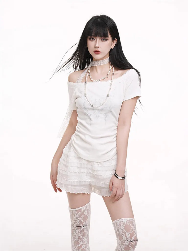 ショートプリーツプリントレースTシャツ NOCTONE