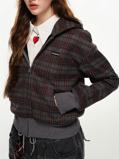 CyNi レトロチェック柄フード付きカーディガパーカーフリースジャケットショートトップ 2024 秋冬女性用スリムフィットテクスチャ o NOCTONE