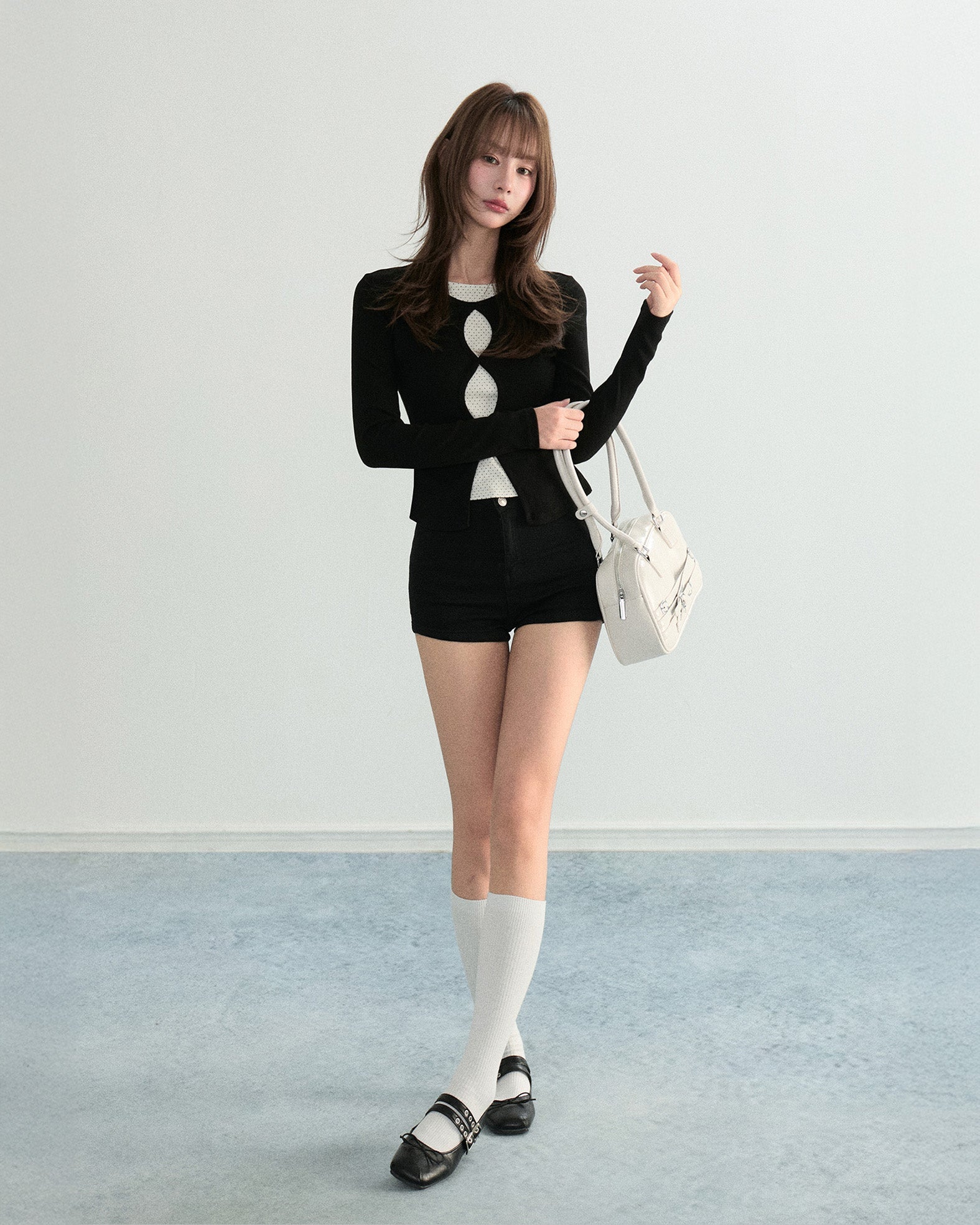 ARCG ブラックフェイクツーピース水玉長袖Tシャツ初秋スリムフィットショートアンダーウェアホロートップ NOCTONE