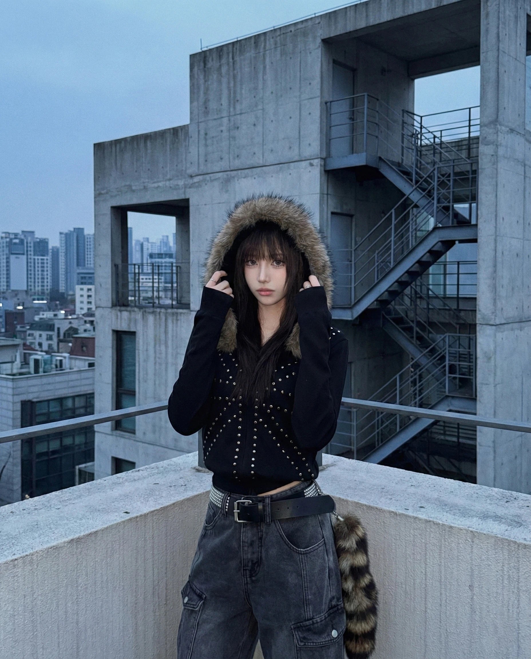 London Blitz Fur Hoodie | Studded Y2K Korean Style | NOCTONE