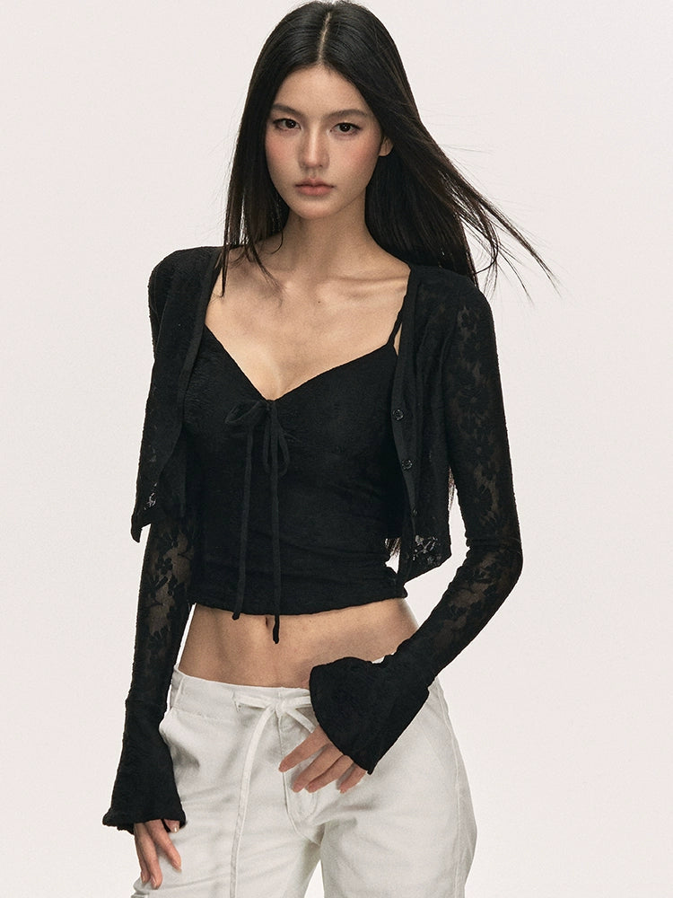 Anna aneae レースカーディガンサスペンダースーツニットレディース秋新作スタイルシンプルテンペラメントスリム長袖トップス NOCTONE