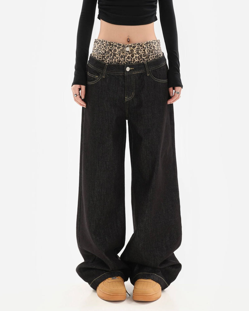 アメリカンレトロデザインヒョウ柄フェイクツーピースジーンズ2025春秋カジュアルルーズストレートワイドレッグパンツ NOCTONE