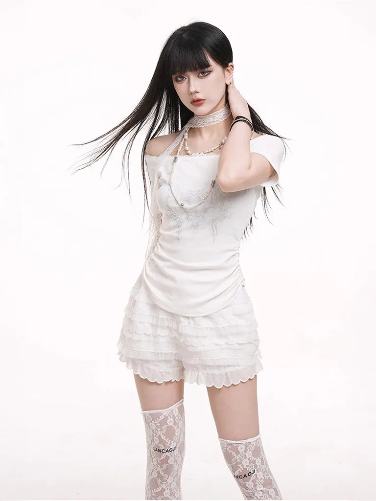 ショートプリーツプリントレースTシャツ NOCTONE