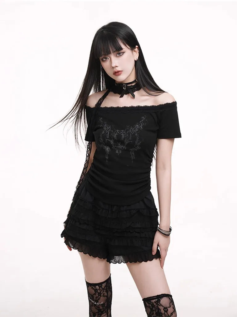 ショートプリーツプリントレースTシャツ NOCTONE