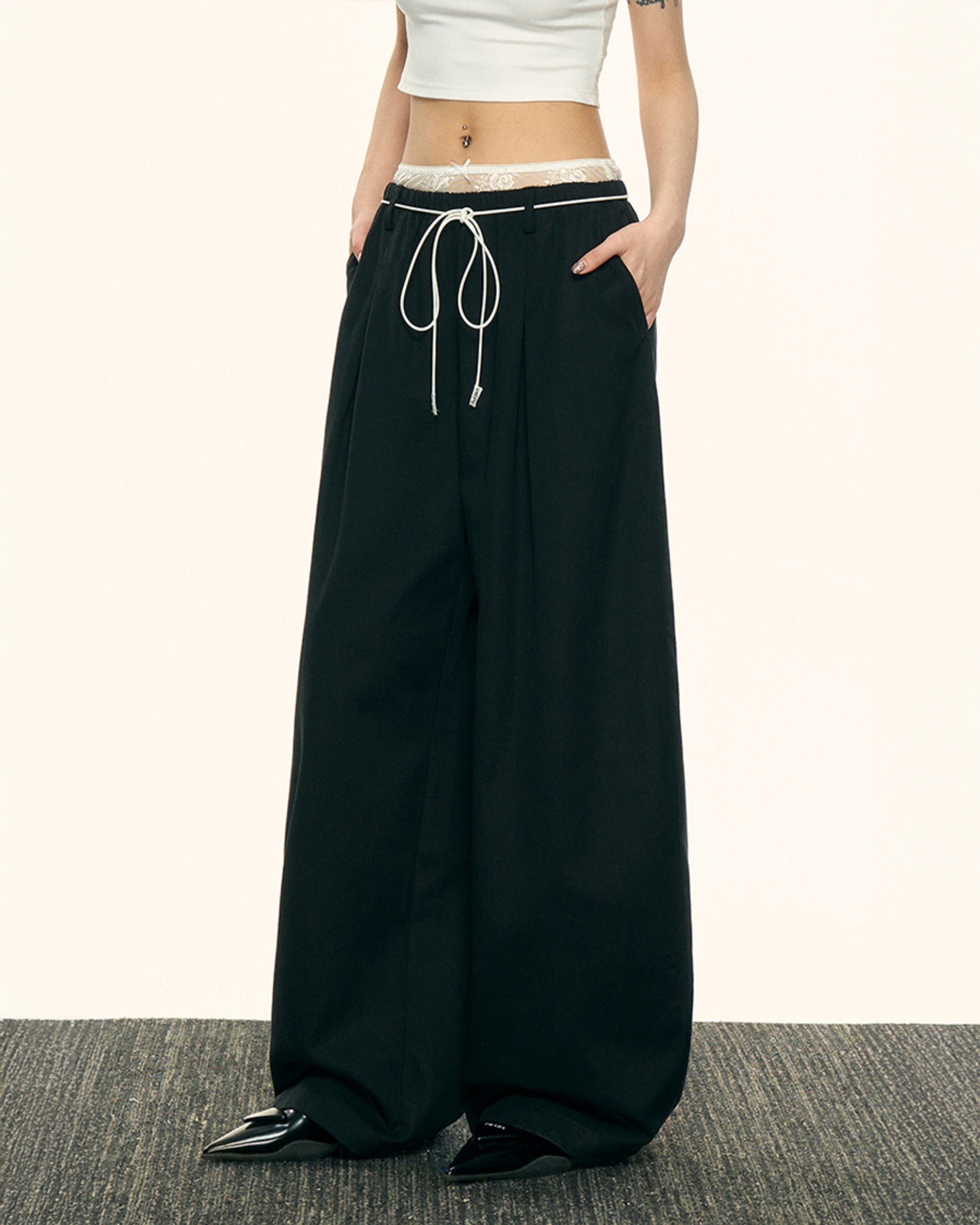 Aaisupフェイクツーピースレースパッチワークダブルウエストカジュアルパンツ春秋女性用ゆったりスリムで用途の広いワイドレッグパンツ NOCTONE