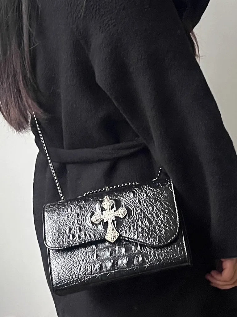 ムーンキャットオリジナルブラックゴスクロコダイル柄脇下ショルダーバッグレディースプレミアムテクスチャニッチ Y2K メッセンジャーバッグ NOCTONE