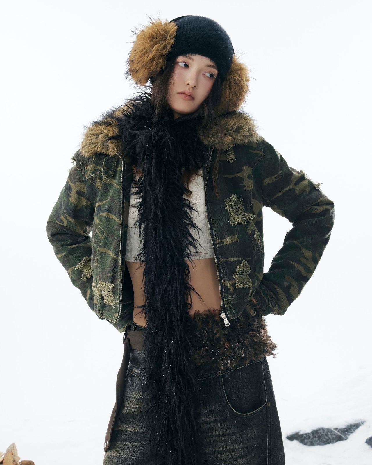 嘉衣库潮牌2025新款冬季可拆卸毛领迷彩棉服短款外套水洗破坏棉衣 NOCTONE