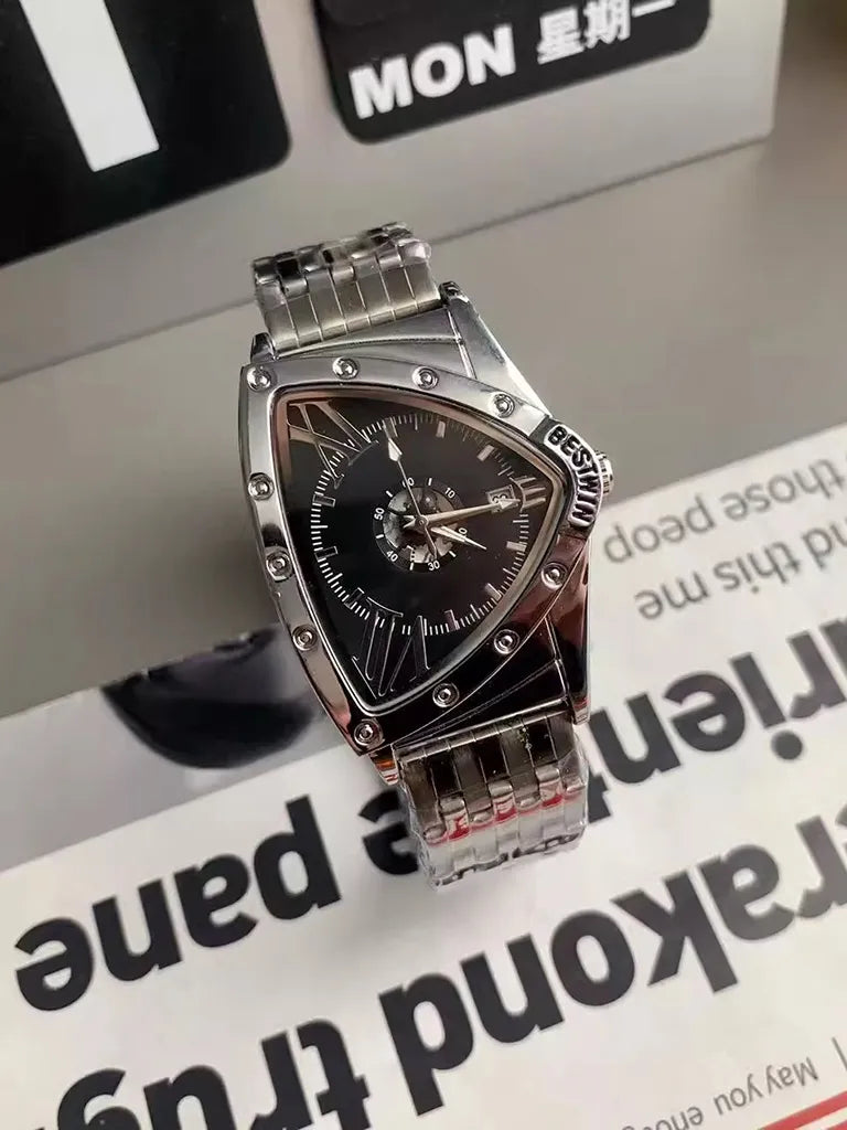 ワームホールコンセプトウォッチ、メンズトライアングル、ハイクラス、トレンディ、パーソナライズ、ヒップホップ、ニッチデザイン、クォーツウォッチ、シルバー、ホロー NOCTONE