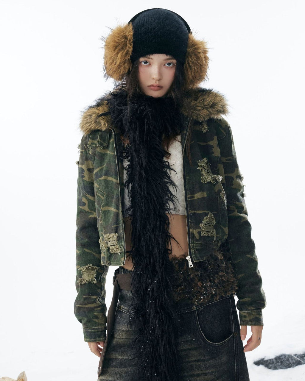嘉衣库潮牌2025新款冬季可拆卸毛领迷彩棉服短款外套水洗破坏棉衣 NOCTONE