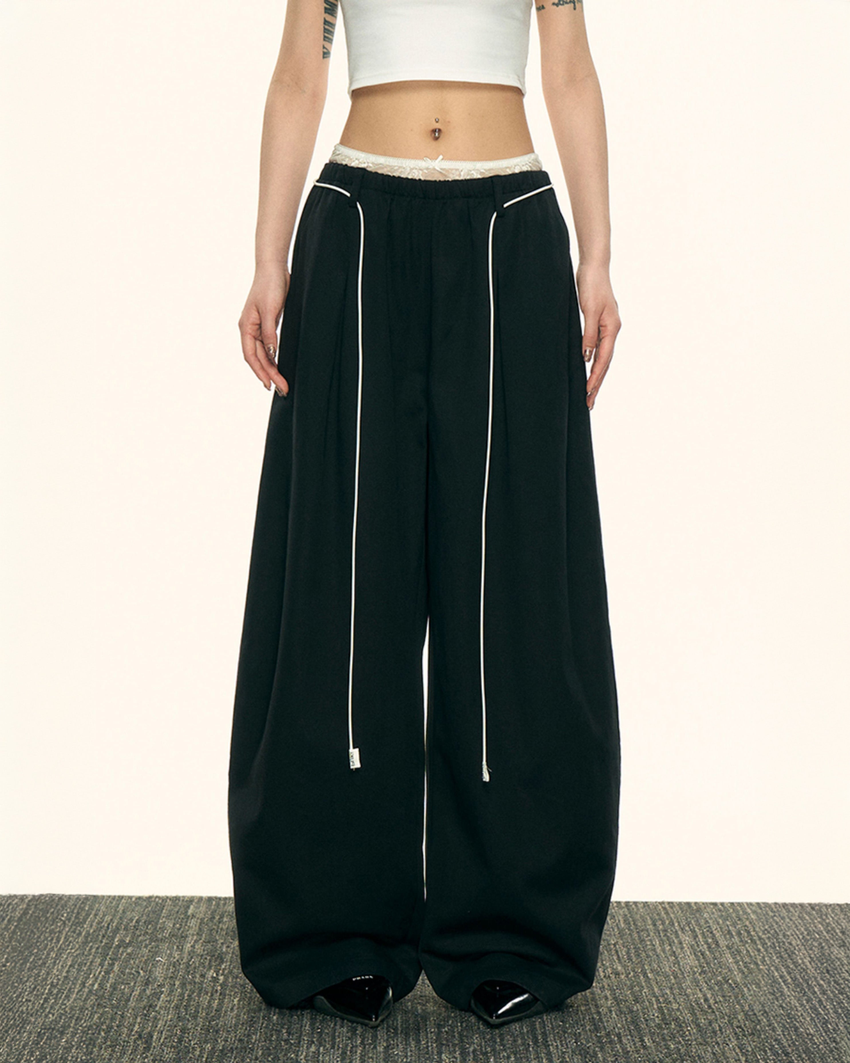 Aaisupフェイクツーピースレースパッチワークダブルウエストカジュアルパンツ春秋女性用ゆったりスリムで用途の広いワイドレッグパンツ NOCTONE