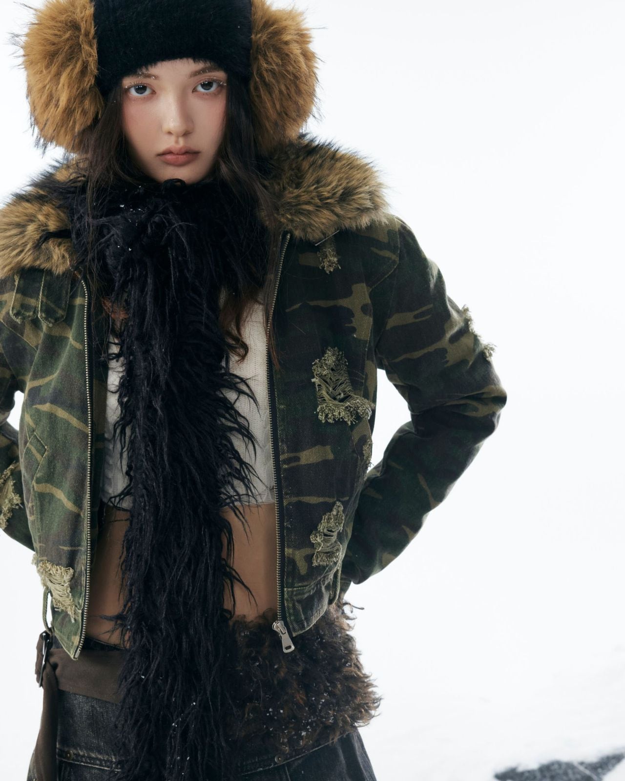 嘉衣库潮牌2025新款冬季可拆卸毛领迷彩棉服短款外套水洗破坏棉衣 NOCTONE