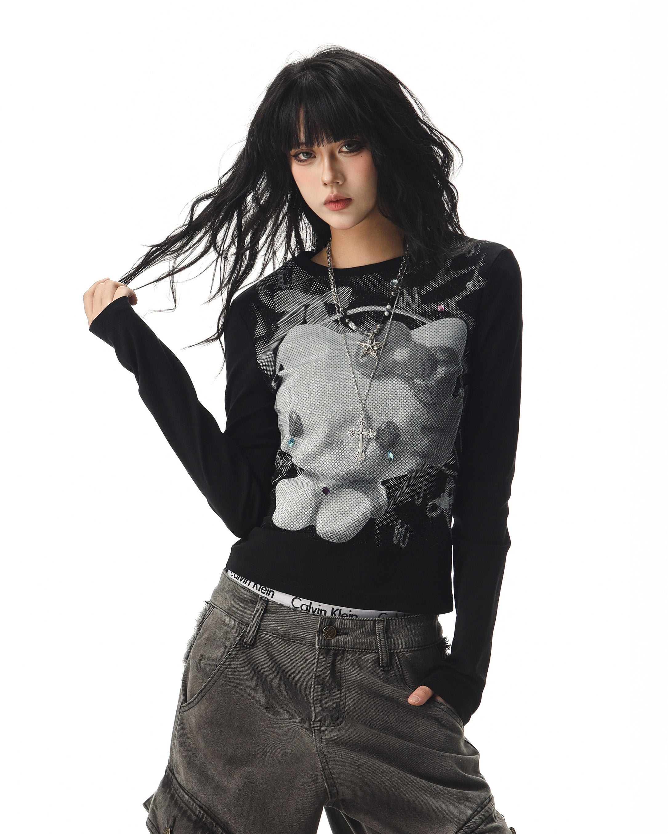 CTB Beer Captain アメリカンホットガールキティキャットプリントロングスリーブ T シャツ女性用秋用スリムフィットスリムベーストップ NOCTONE