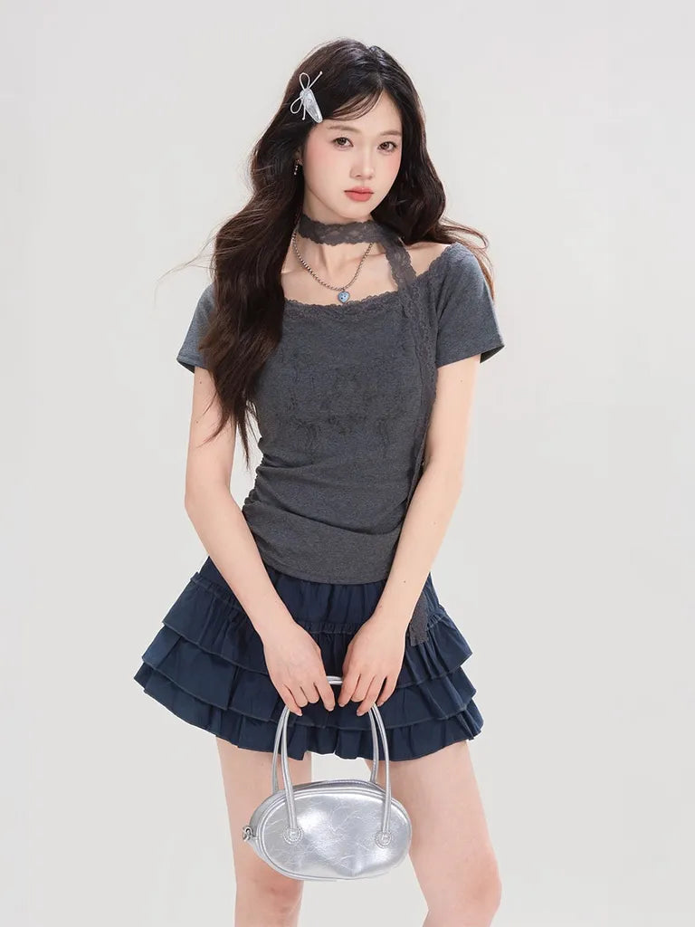 ショートプリーツプリントレースTシャツ NOCTONE