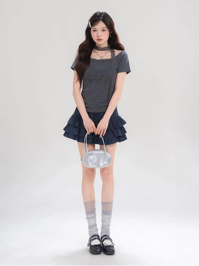 ショートプリーツプリントレースTシャツ NOCTONE