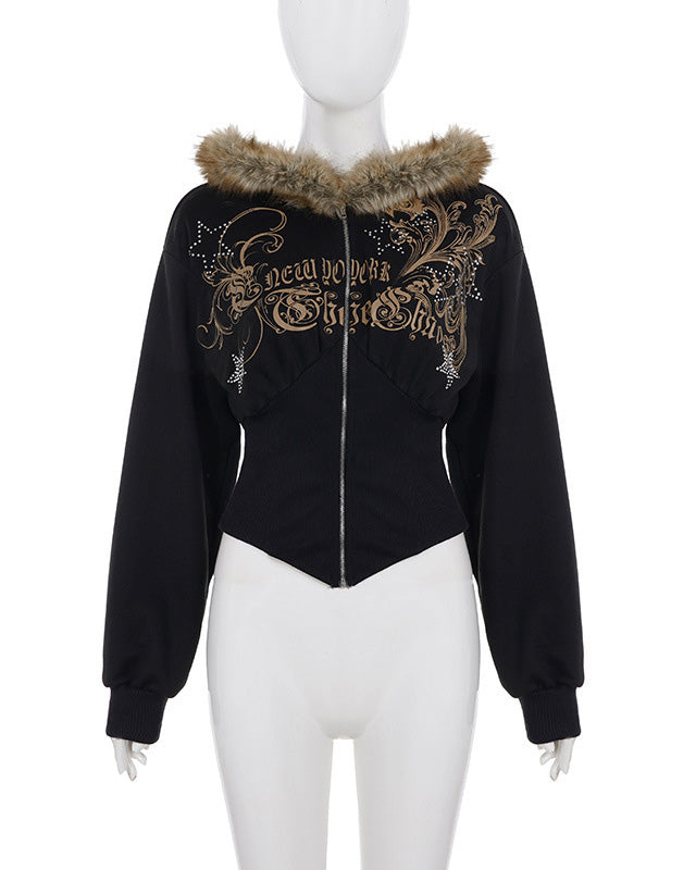 美式辣妹风印花烫钻连帽毛毛外套女亚马逊新款拉链不规则修身卫衣 NOCTONE