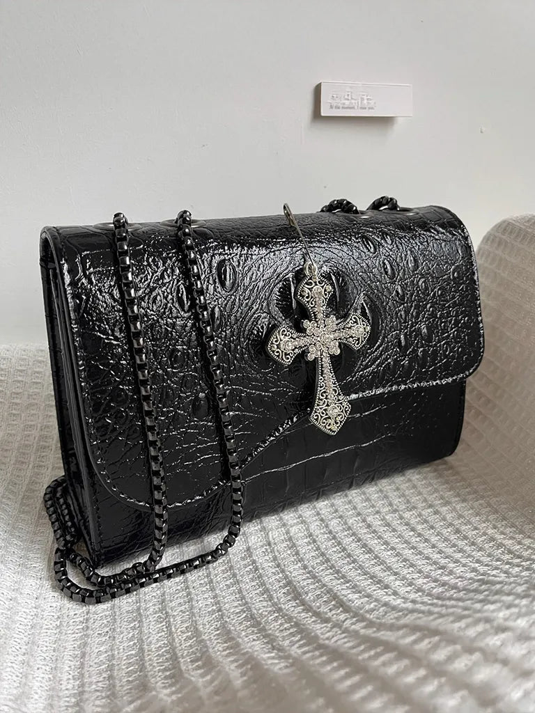 ムーンキャットオリジナルブラックゴスクロコダイル柄脇下ショルダーバッグレディースプレミアムテクスチャニッチ Y2K メッセンジャーバッグ NOCTONE