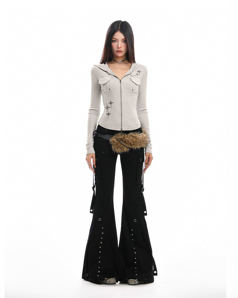 BIGGOLD ホットガールプレミアムフード付き長袖Tシャツ女性用秋用スリムで用途の広いストライプテクスチャージッパージャケットトレンディ NOCTONE