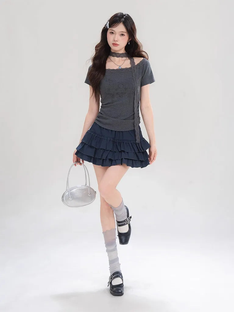 ショートプリーツプリントレースTシャツ NOCTONE