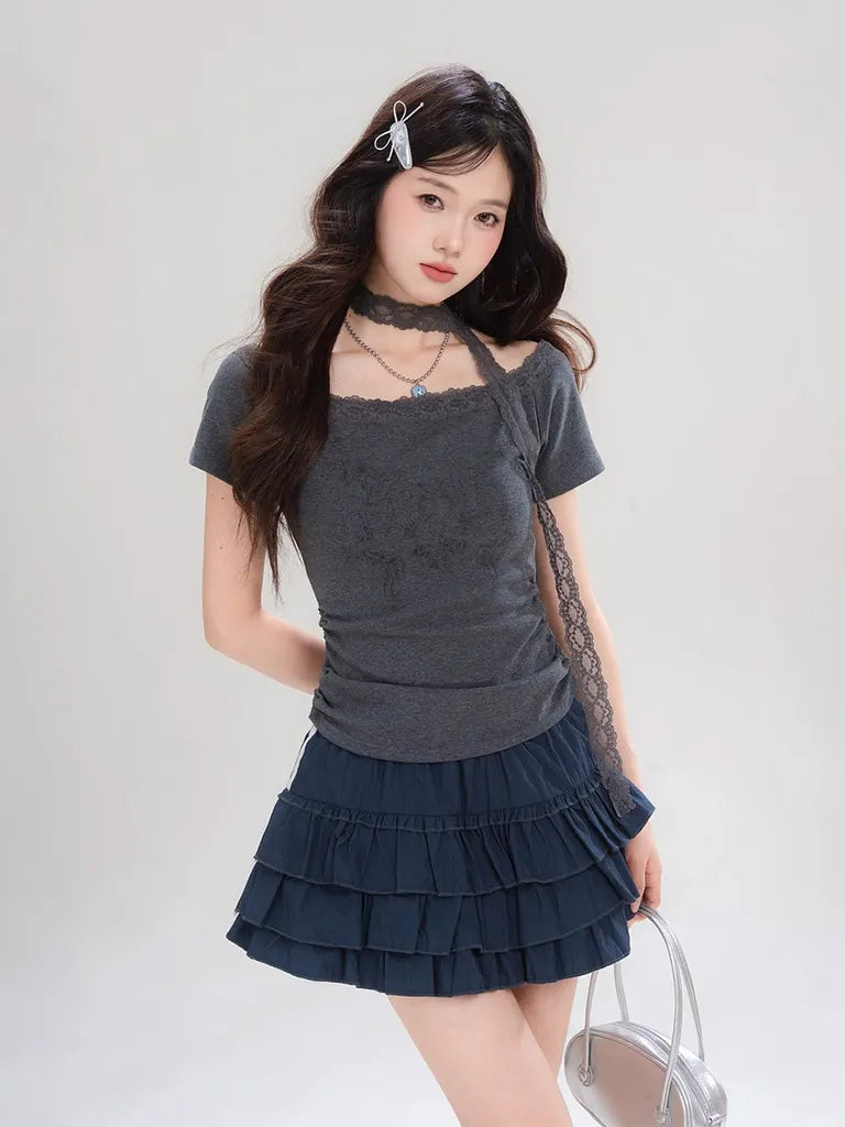 ショートプリーツプリントレースTシャツ NOCTONE