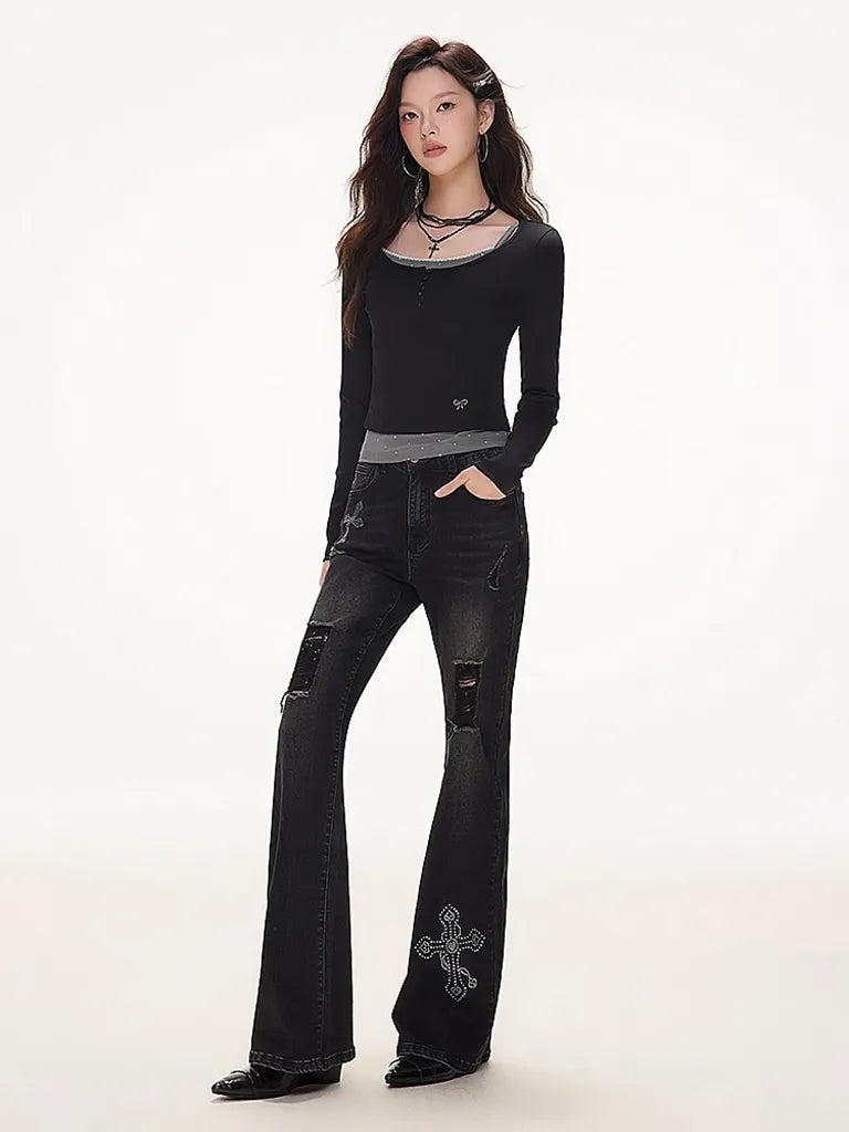 ラインストーンクロス・フレアデニム NOCTONE