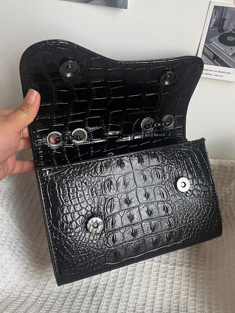 ムーンキャットオリジナルブラックゴスクロコダイル柄脇下ショルダーバッグレディースプレミアムテクスチャニッチ Y2K メッセンジャーバッグ NOCTONE