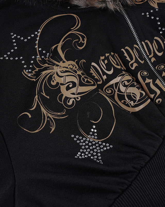 美式辣妹风印花烫钻连帽毛毛外套女亚马逊新款拉链不规则修身卫衣 NOCTONE