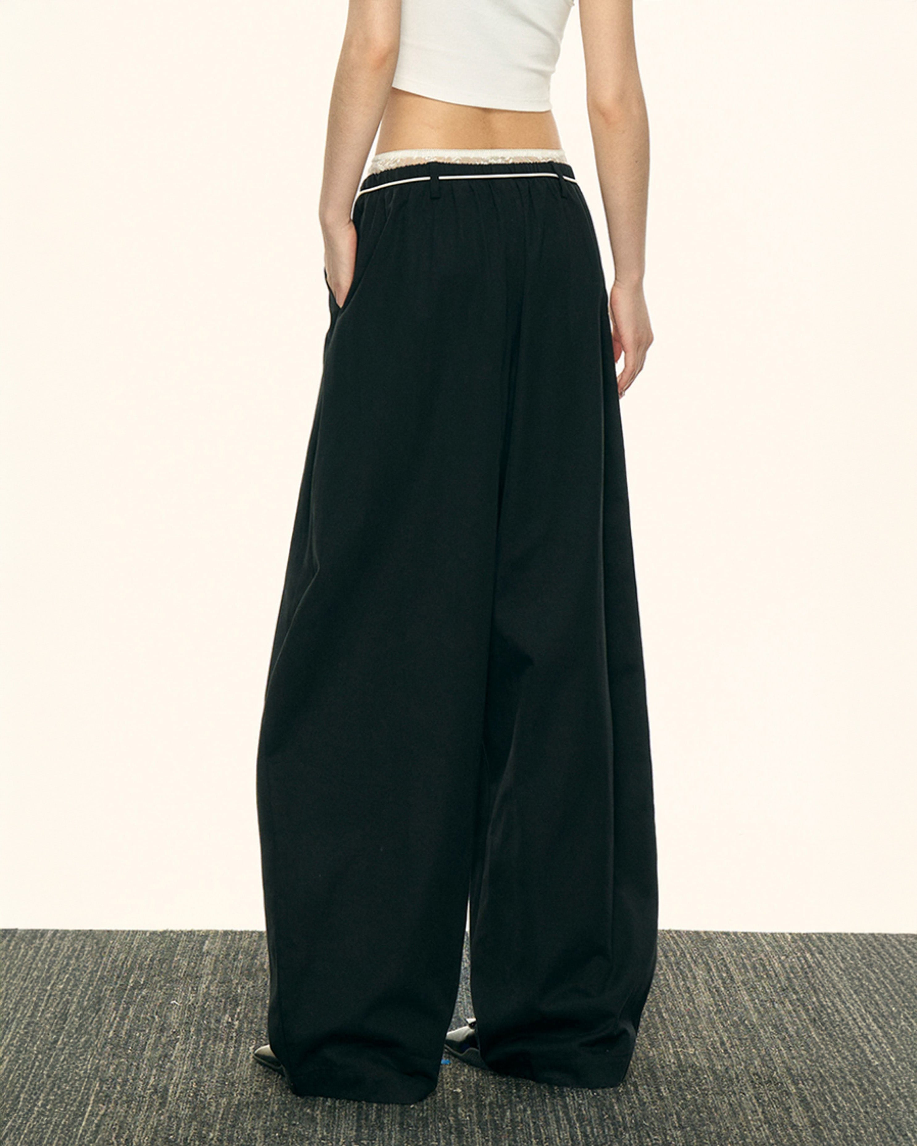 Aaisupフェイクツーピースレースパッチワークダブルウエストカジュアルパンツ春秋女性用ゆったりスリムで用途の広いワイドレッグパンツ NOCTONE