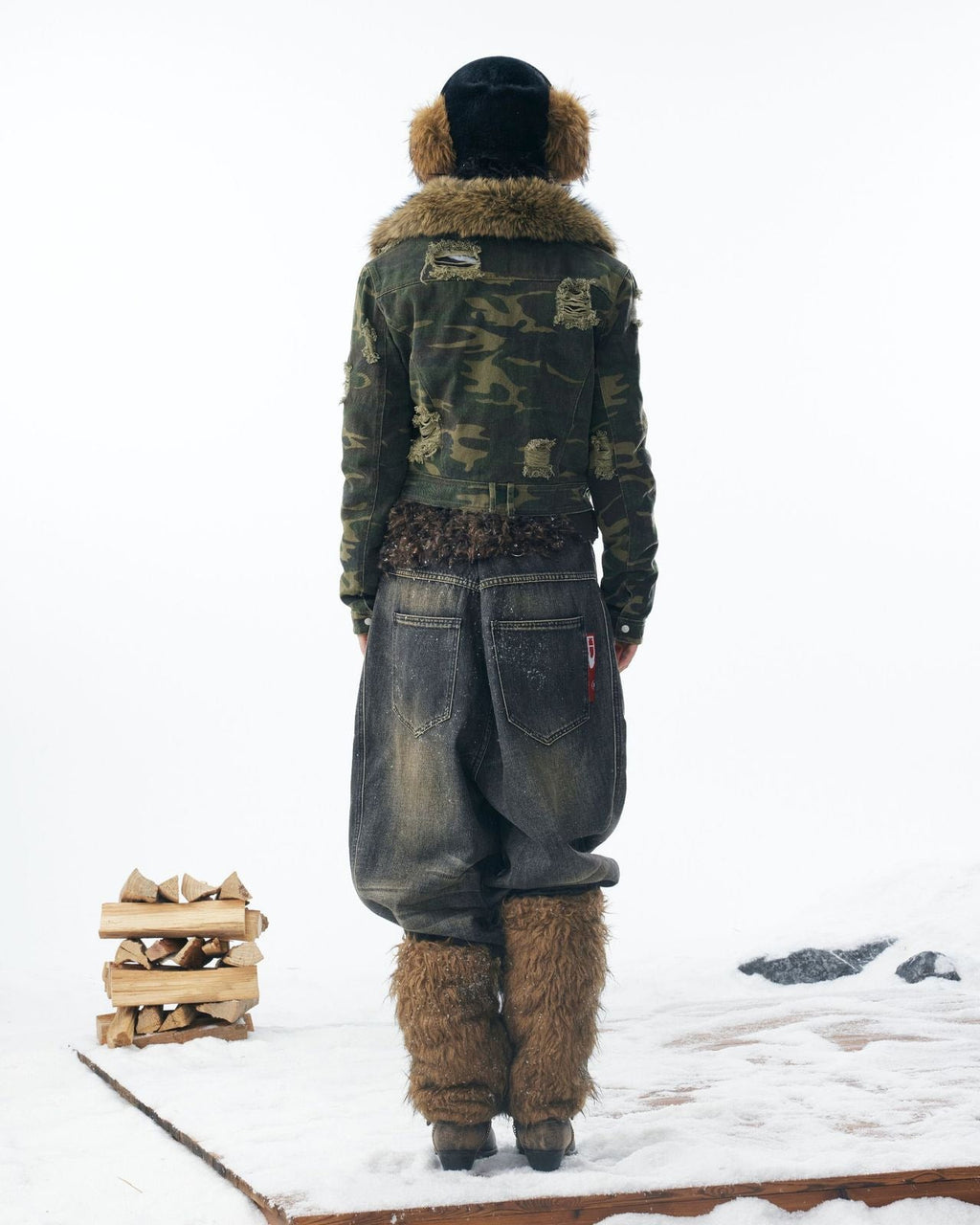 嘉衣库潮牌2025新款冬季可拆卸毛领迷彩棉服短款外套水洗破坏棉衣 NOCTONE