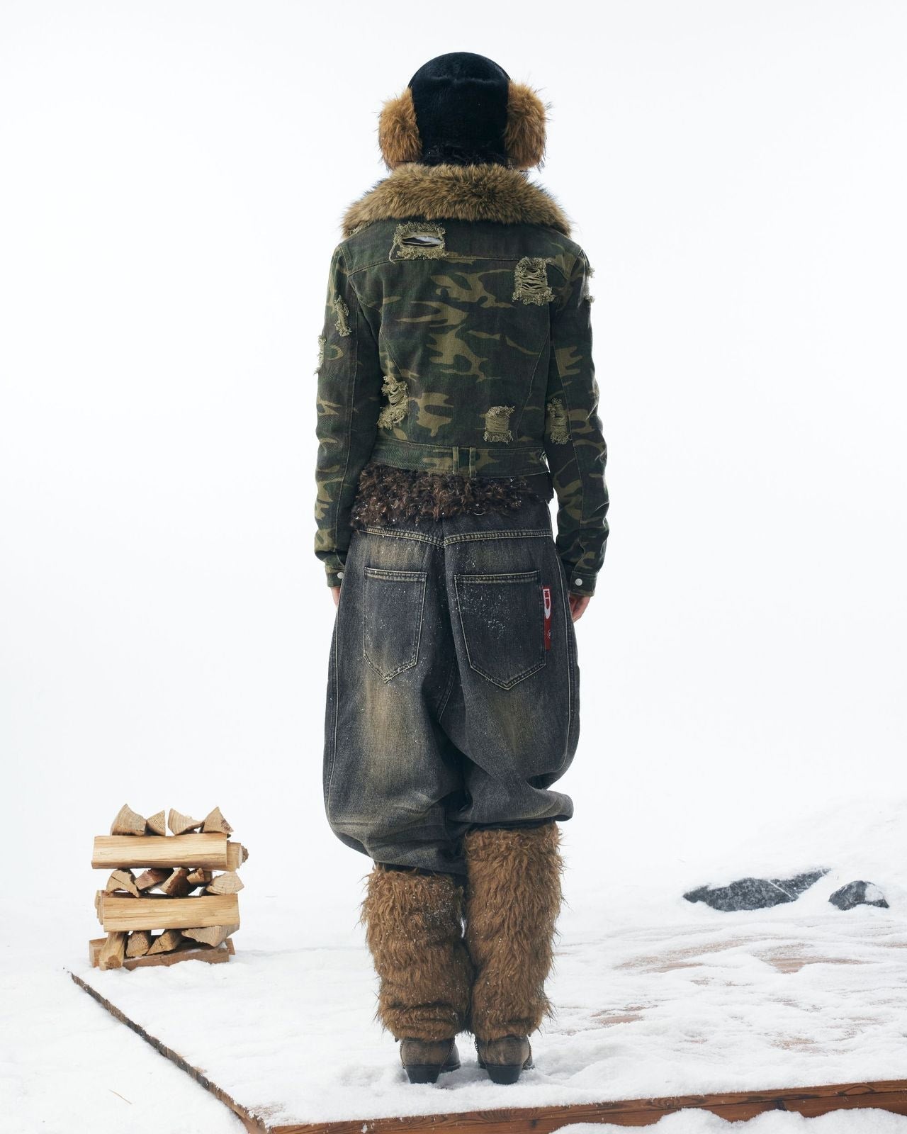 嘉衣库潮牌2025新款冬季可拆卸毛领迷彩棉服短款外套水洗破坏棉衣 NOCTONE