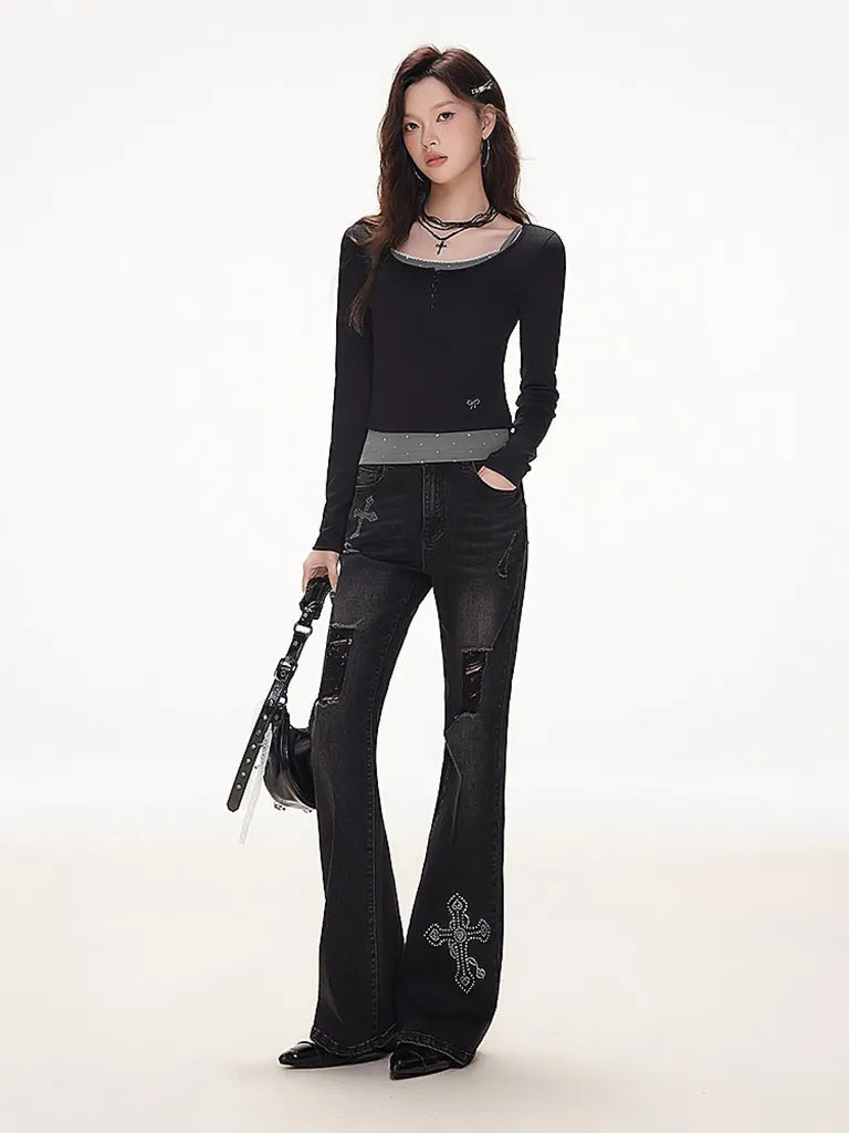 ラインストーンクロス・フレアデニム NOCTONE