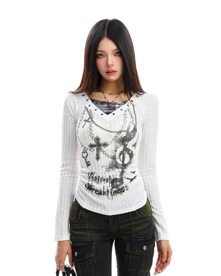 NEW Asian Culture ホットガールフェイクツーピース長袖薄手ニットTシャツ 25% オフ、女性用秋ウエストスリムトップトレンド NOCTONE