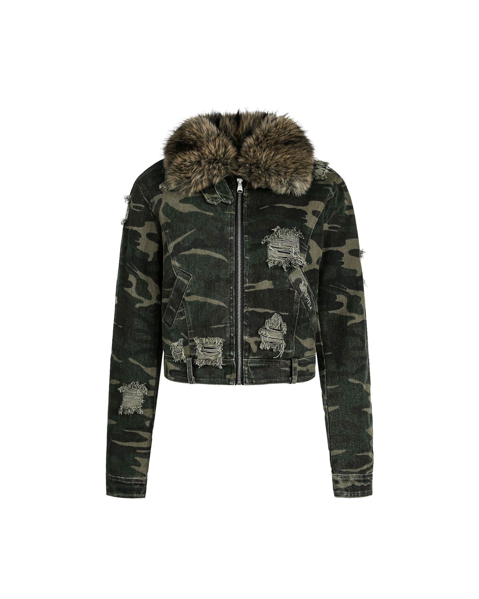 嘉衣库潮牌2025新款冬季可拆卸毛领迷彩棉服短款外套水洗破坏棉衣 NOCTONE