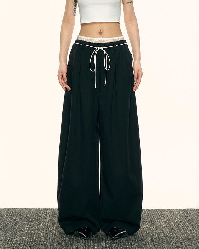 Aaisupフェイクツーピースレースパッチワークダブルウエストカジュアルパンツ春秋女性用ゆったりスリムで用途の広いワイドレッグパンツ NOCTONE