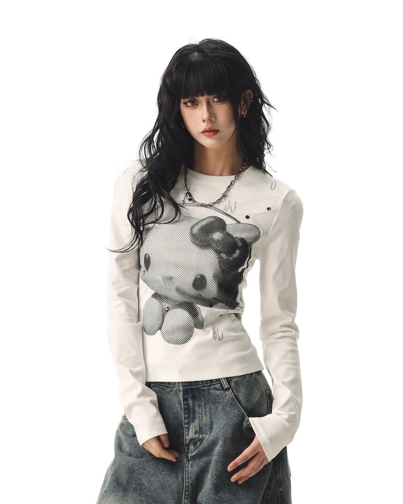 CTB Beer Captain アメリカンホットガールキティキャットプリントロングスリーブ T シャツ女性用秋用スリムフィットスリムベーストップ NOCTONE