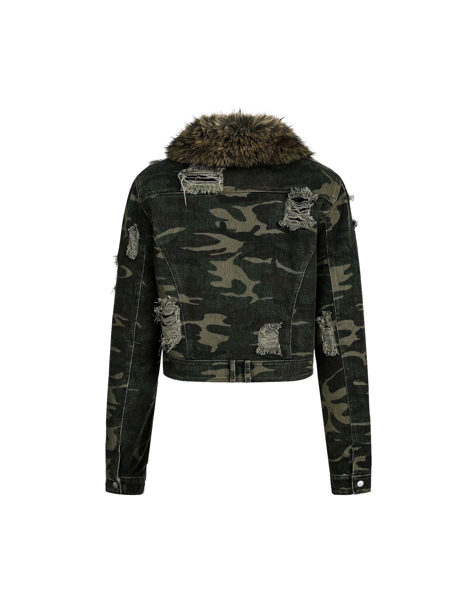 嘉衣库潮牌2025新款冬季可拆卸毛领迷彩棉服短款外套水洗破坏棉衣 NOCTONE