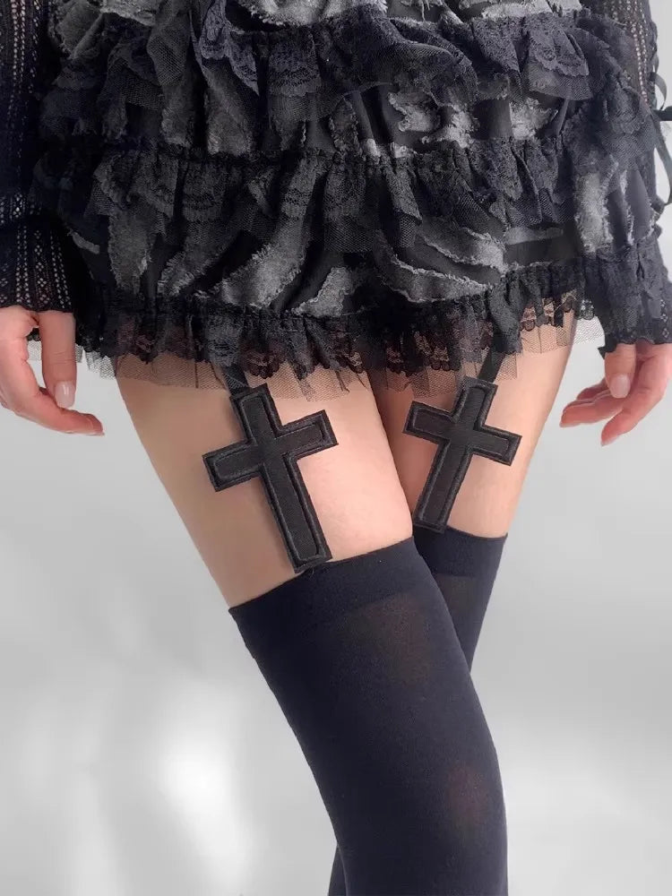 クロスボーダーゴシックソックス、アビソックス、サブカルチャーパンクソックス、ダークセクシークロス柄サスペンダーソックス NOCTONE