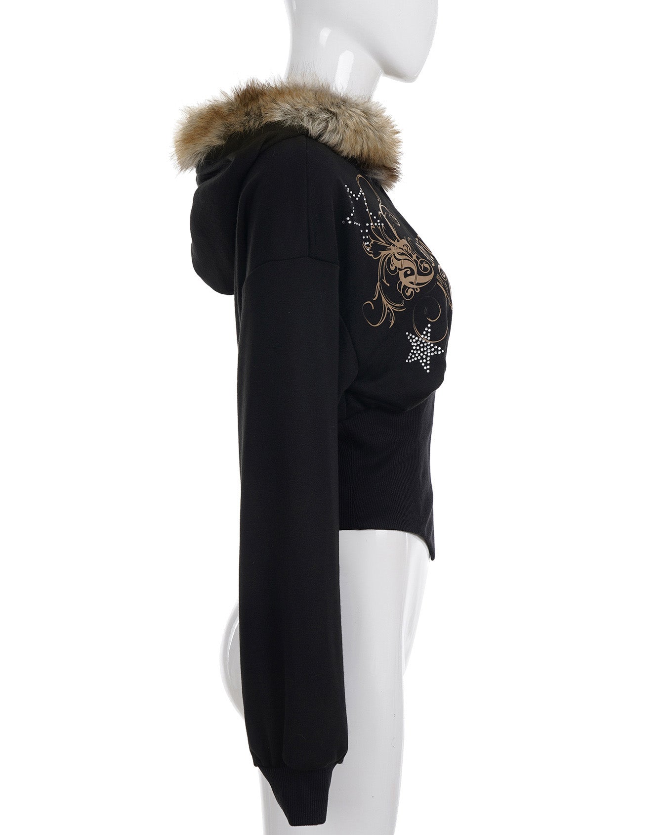 美式辣妹风印花烫钻连帽毛毛外套女亚马逊新款拉链不规则修身卫衣 NOCTONE