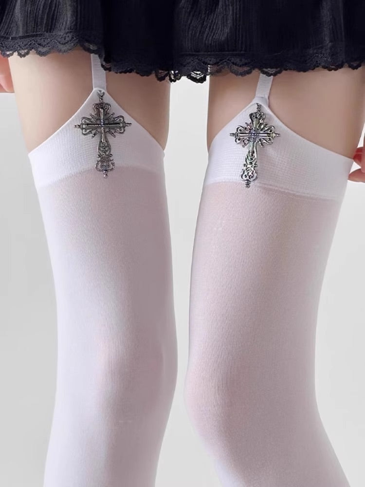 オリジナル立体クロスサスペンダーオールインワンオーバーニーソックスロリータベルベット白黒無地ガールストッキング NOCTONE