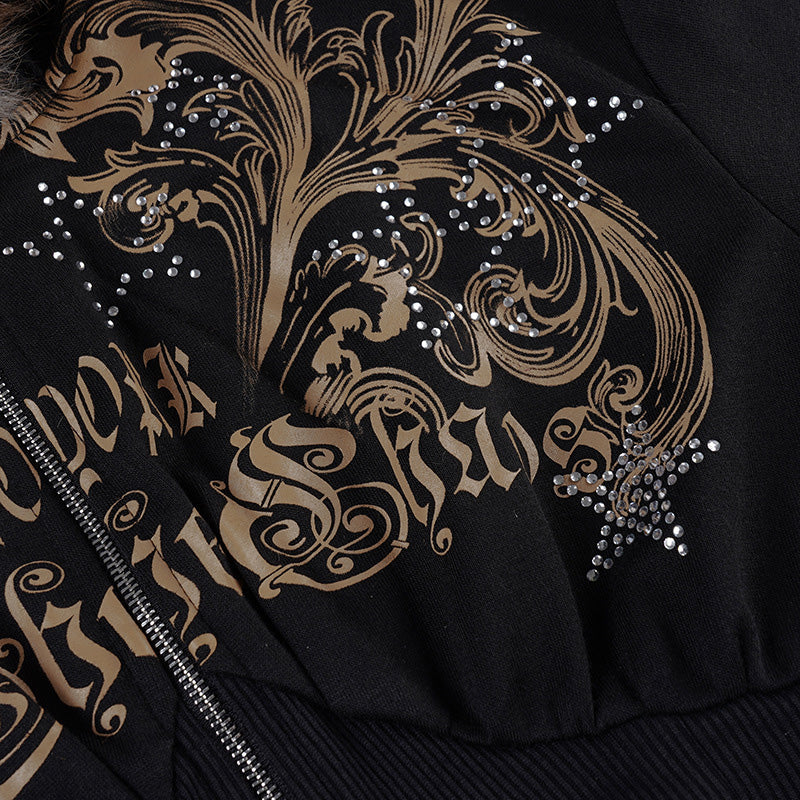 美式辣妹风印花烫钻连帽毛毛外套女亚马逊新款拉链不规则修身卫衣 NOCTONE