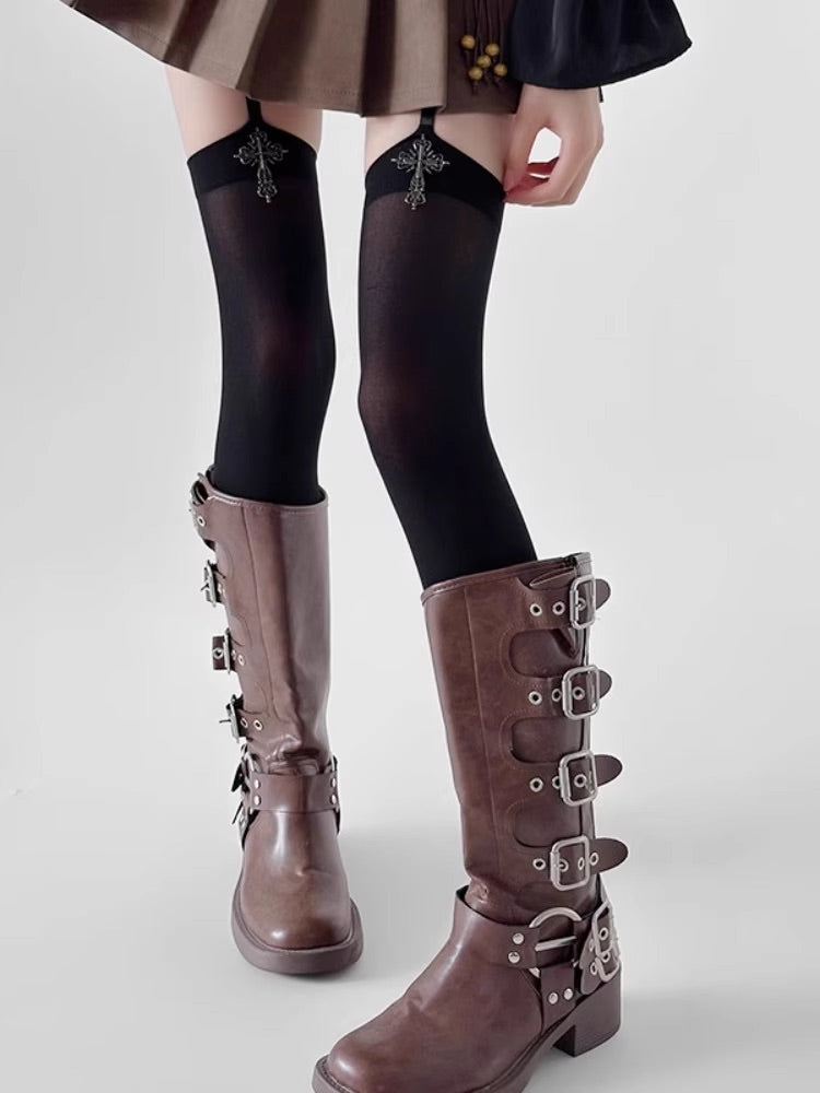 オリジナル立体クロスサスペンダーオールインワンオーバーニーソックスロリータベルベット白黒無地ガールストッキング NOCTONE