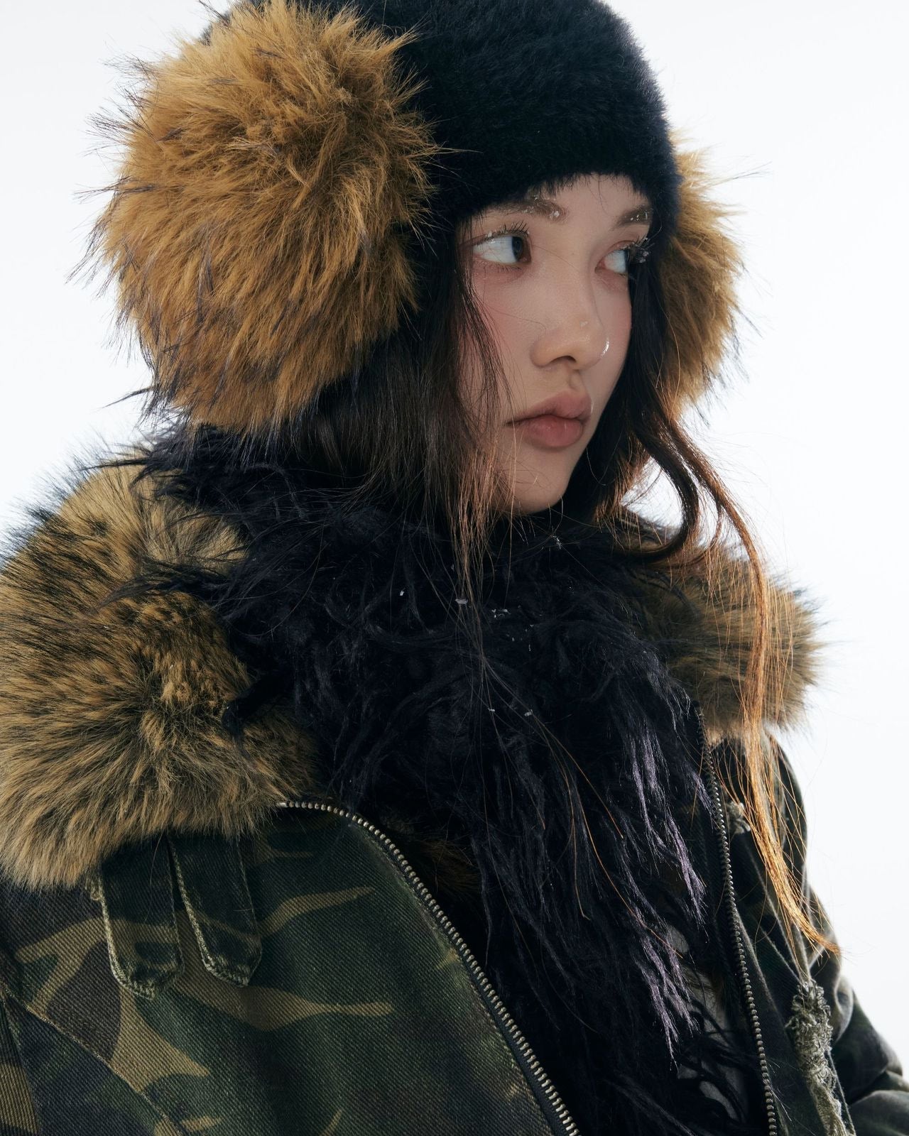 嘉衣库潮牌2025新款冬季可拆卸毛领迷彩棉服短款外套水洗破坏棉衣 NOCTONE