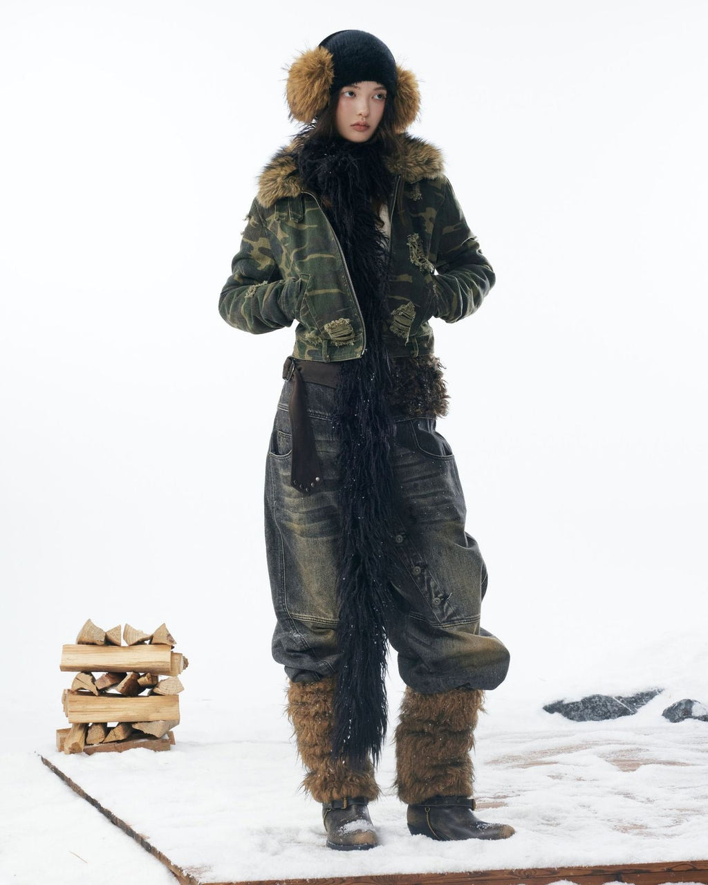 嘉衣库潮牌2025新款冬季可拆卸毛领迷彩棉服短款外套水洗破坏棉衣 NOCTONE