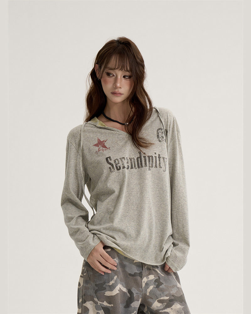 ONLPP American Retro Babes レター Vネック長袖トップス女性用初秋ルーズスポーツフード付き日焼け止めカバーアップ NOCTONE