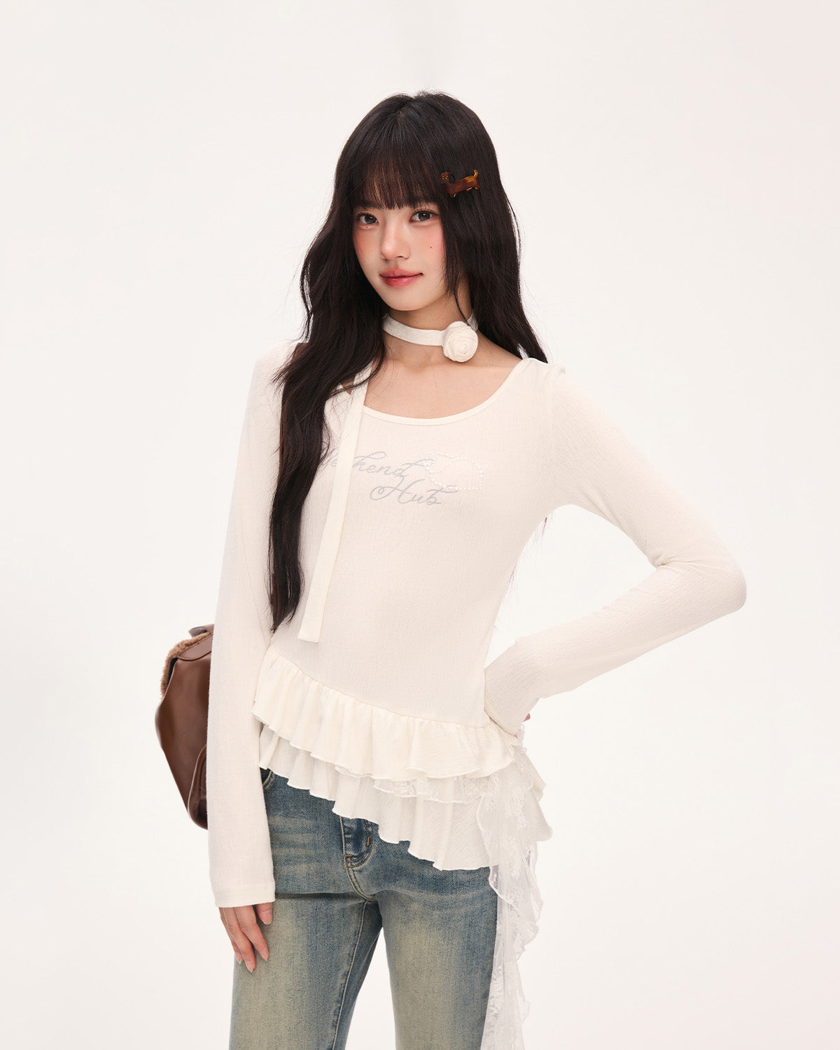 weekendhub イレギュラーフリル裾美しい女性用トップス韓国初秋シングルウェアストラップ付きTシャツロングスリーブ NOCTONE