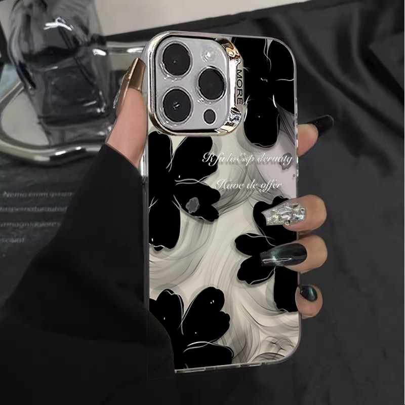 ブラックインクフラワー Apple 16pro電話ケース、女性用iPhone 14promax、電気メッキリング、カラーシルバー、フレッシュ、13Promaxテンペラメント、飛散防止、12個の新しい15オールインクルーシブのプレミアム保護ケース NOCTONE