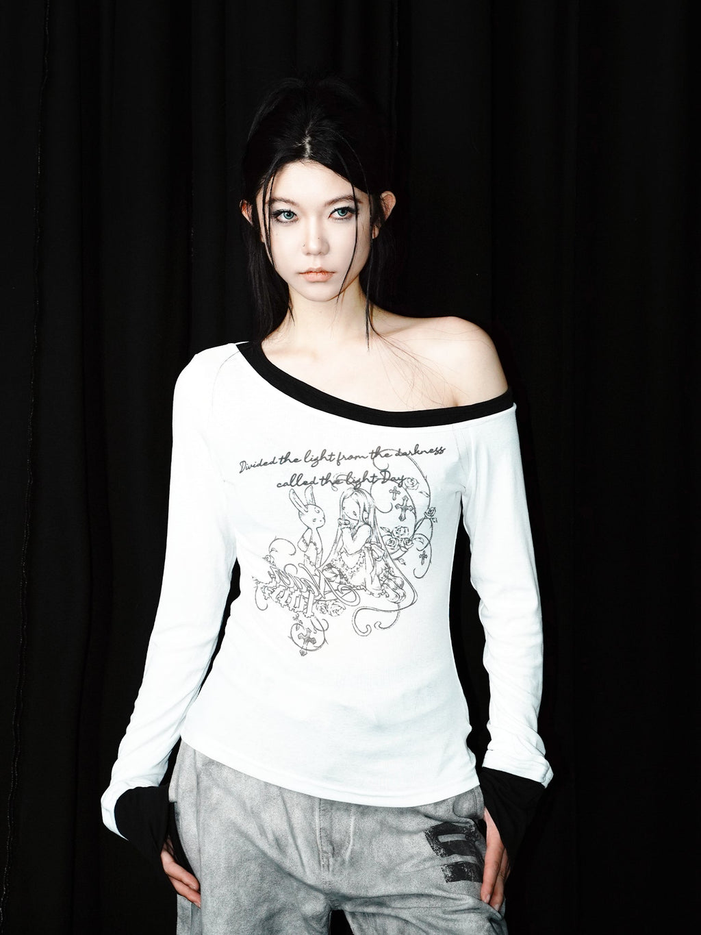 Asymmetric Neck Long Sleeve Shirt God plan